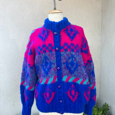 Vintage cardigan sweater colorful geometric print hand knit fuchsia pink blue green Sz Medium 