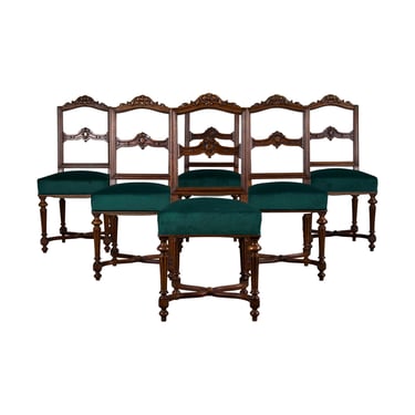 Antique French Napoleon III Style Oak Dining Chairs W/ Dark Green Velvet - Set of 6 