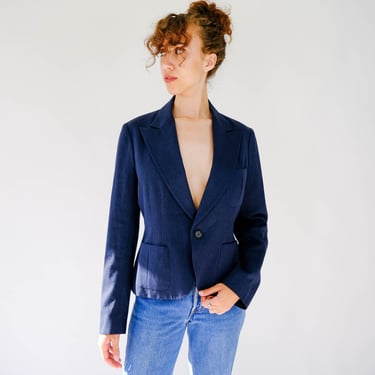 Vintage Ralph Lauren Blue Label Navy Silk 1940s Style Cropped Blazer Unworn w/ Tags | Made in Japan | 100% Silk | Y2K RRL Designer Jacket 
