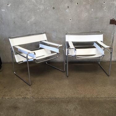 Mid Century Pair of Wassily Style Lounge Chairs In Leather & Chrome