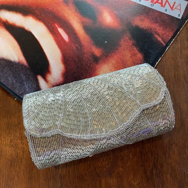 Vintage Silver Beaded Clutch Small Evening Bag Purse 