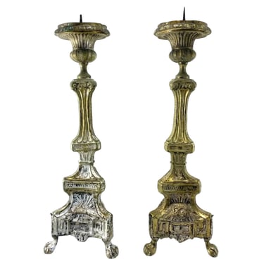 Antique Pair of Tall French Baroque Style Brass Repousse Pricket Altar Candlesticks 