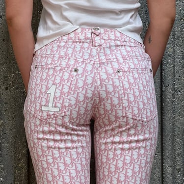 Vintage CHRISTIAN DIOR Monogram Trotter Oblique Logo Pink White Denim Pants Jeans fr 36 / us 4 