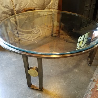 Vintage Round Steel Coffee Table with Brass Elements and Bull-nosed Glass Top