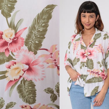 90s Hawaiian Shirt White Tropical Floral Blouse Button Up Top Pink Green Flower Print Summer Short Sleeve 1990s Vintage xl 2xl 