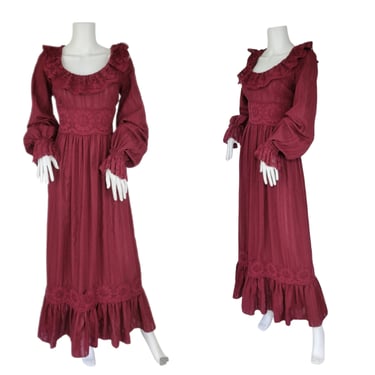 1970's Poly Cotton Burgundy Mexican Peasant Maxi Dress I Sz Med 