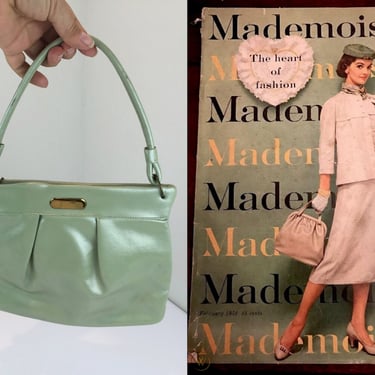 She Was the Heart of Fashion - Vintage 1950s 1960s Pearl Sage Green Soft Leather Slender Handbag Purse 