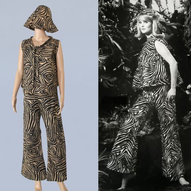 RARE 1960s 3pc Paper Outfit / Late 60s Bell Bottoms, Tent Blouse, and Bucket Hat Set / Zebra Print / James Sterling 