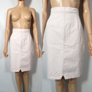 Vintage 80s Pastel Pink Denim High Waist Pencil Midi Skirt Size 27 Waist 