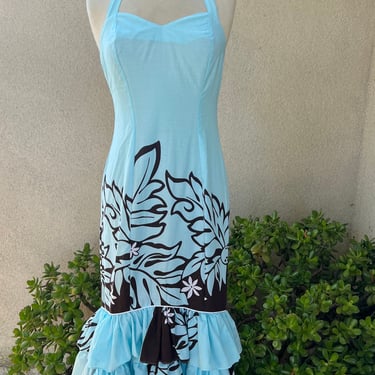 Vintage Hawaiian Luau dress halter ruffles blues Sz Xs by T & L MuuMuu Factory 