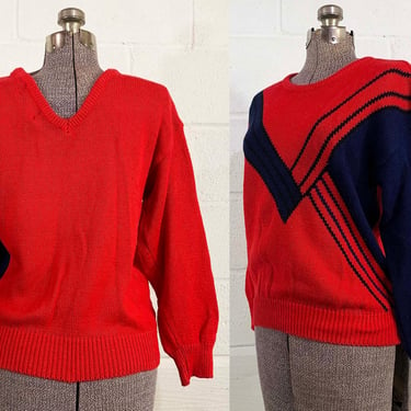 Vintage Striped Long Sleeve Sweater Back V Neck Sophisticates Jumper Stripe Navy Blue Red Geometric Geo 1980s 80s Medium 