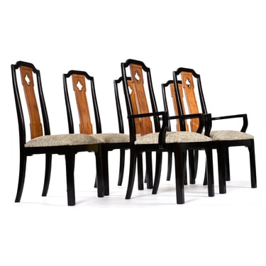 Set of 6 Thomasville Embassy Chinoiserie Asian Inspired Black and Wood Dining Chairs 