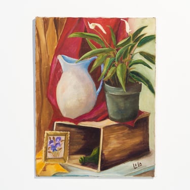 Vintage 1940s Original Still Life Painting // Quaint Primitive Scene with Collected Objects // Artist Signed 