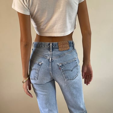 27 Levis 501 jeans / vintage high waisted faded worn in button fly boyfriend Levis 501 jeans made USA | small size 27 