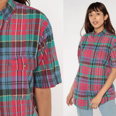 90s Plaid Shirt Button Up Shirt Pink Blue Green Checkered Print Short Sleeve Top Chest Pocket Collared Preppy Cotton Vintage 1990s Medium M 
