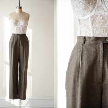 high waisted pants | 90s vintage Evan Picone olive forest green brown wool dark academia style pleated trousers 