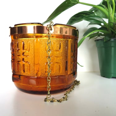 Mid Century Amber Glass Hanging Planter with Metal Chain, Brutalist Heavy Glass Succulent Holder 