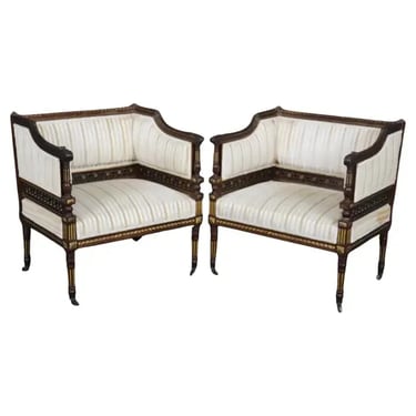 Pair Rare Precisely Carved French Louis XVI Style Gilded Walnut Bergere Chairs