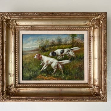 Vintage Harison Hunting Dog Oil Painting, Framed 