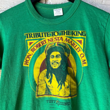 Medium, Vintage Bob Marley Green T-shirt, Kingston Jamaica Tuff Gong, 1981 