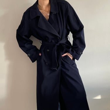 90s trench coat / vintage midnight navy blue lightweight polyester gabardine double breasted belted tall capsule travel trench coat | XL 