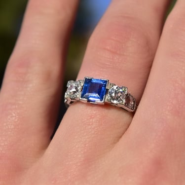 Vintage Art Deco 10K Platinum Sapphire Diamond Engagement Ring, Emerald Cut Center Stone, Brilliant Diamond, Size 6 3/4 US 