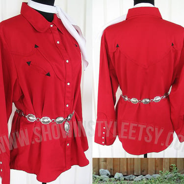 RoughRider Vintage Retro Western Women's Cowgirl Shirt, Rodeo Blouse, True Red with Black Accents, Tag Size XLarge (see meas. photo) 