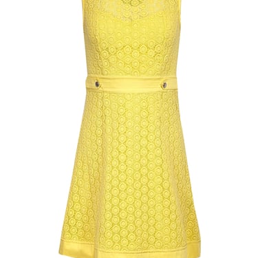 Karen Millen - Bright Yellow Eyelet Lace Fit &amp; Flare Dress Sz 6