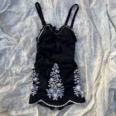 Vintage 1950s Black & White Embroidered Flowers Jantzen Swimsuit Ruching Bathing