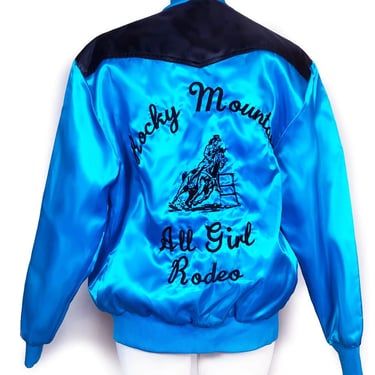 vtg ALL GIRL RODEO Satin Jacket, 1970's, 1980's Vintage Blue & Black Western Satin Coat Jacket, Size Medium, Rocky Mountain Disco Rockabilly 