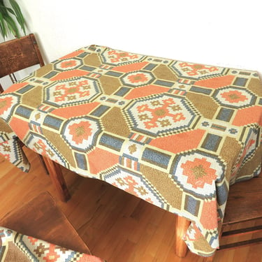 Vintage Tablecloth Southwest Geometric Tribal 84" x 72" Rectangular 4 Matching Napkins 1980's 