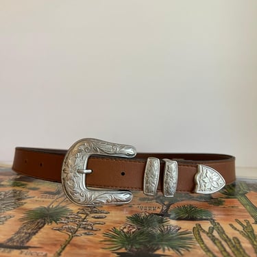 Vintage 90s Brown Vegan Leather Silver Tip Floral Western Double Buckle Belt - M 