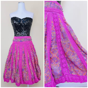Y2K Dimri Brand Magenta Paisley Crochet Skirt / Low Rise Hippie Purple Chiffon Skirt / Size Medium 