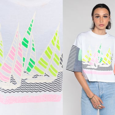Sailboat T-Shirt 90s Nautical Crop Top Neon Yacht Boat Sailing Graphic Tee Striped Color Block Cropped Shirt Vintage 1990s Extra Large L XL 