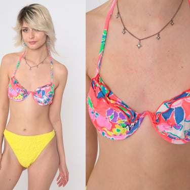 Floral Bikini Top 90s Swimsuit Ruffled Neon Halter Neck Bathing Suit Tropical Underwire Swim Top 1990s Swimwear Vintage Extra Small xs 
