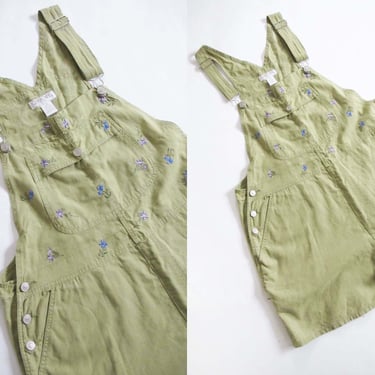 90s Embroidered Linen Shortalls XL 44 waist - Women Sage Green Linen Overall Shorts - Dainty Flower Short Overalls 