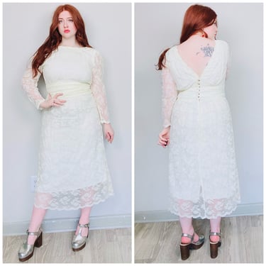 1980s Vintage Cream Lace Plunging Back Dress / 80s / Eighties Ruched Waist Sheer Illusion Gown / Size Large 