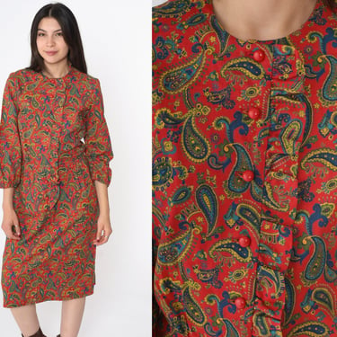 60s Paisley Dress Ruffle Front Midi Dress Red Retro Button up Shirtdress High Waisted Long Sleeve Psychedelic Print Vintage 1960s Small S 