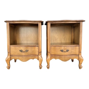 Set of 2 French Provincial Nightstands FREE SHIPPING - Vintage Carved Blonde Wood Louis XV Shabby Chic End Tables Pair 