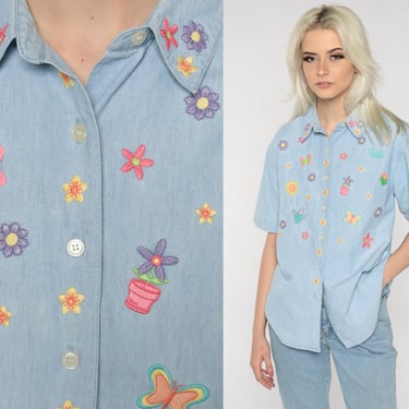 Embroidered Denim Shirt Button Up Shirt 90s Floral Butterfly Sun Bird Garden Blouse Blue Short Sleeve Top Gardener 1990s Vintage Large L 