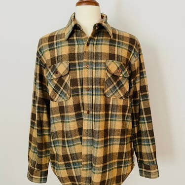 Vintage Sears Brown / Tan / Blue / Plaid Flannel / Button Up Shirt / Unisex / FREE SHIPPING 