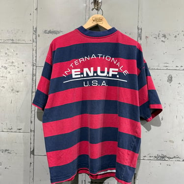 Vintage 90s Enuf  striped tshirt red and navy puff print logo  boxy tshirt streetwear 