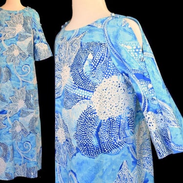 Vintage 70s Pake Mu Mu'u, Liberty House Hawaii Kaftan, Abstract Blue Print, Maxi Dress, Size M Medium 