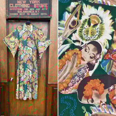 Vintage 1940’s Frank Mcintosh Hula Girl Maiden Menn Silky Rayon Batwing Pake Muu Hawaiian Dress, 1940s Dress, Pake Muu, Hawaiian Dress 