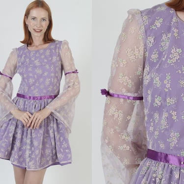Violet Angel Kimono Sleeve Mini Dress / Boho Prairie Avant Garde Sundress / Vintage 70s Floral Festival Bohemian Print 