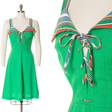 Vintage 1970s Sundress | 70s Rainbow Striped Lace Up Green Cotton Blend Fit Flare Sleeveless Retro Skater Day Dress (medium) 