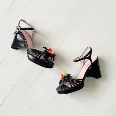 1990s Sonia Rykiel Mixed Fruit Black Leather Strappy Open Toe Wedge Heels 