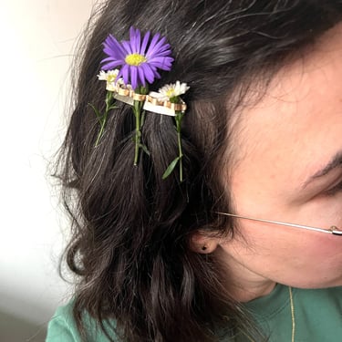 Barrette Flower Holder Handmade in Brass and Sterling Silver Abstract Hairlip Bridal Hair 