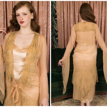 1920s Robe - Fairytale Sleeves Vintage 20s Ultra Sheer Drop Waist Silk Peignoir Robe with Tie Front 