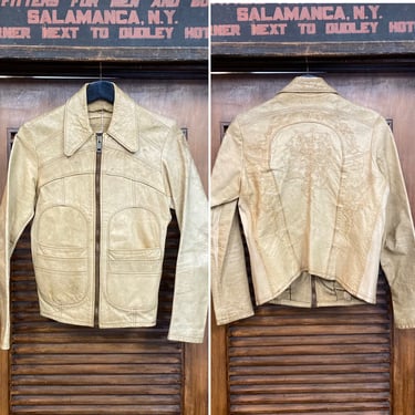 Vintage 1960’s “East West” Buick Style Six-Pocket Glam Rock Leather Jacket, Rare Burn Details, 60’s Vintage Clothing 
